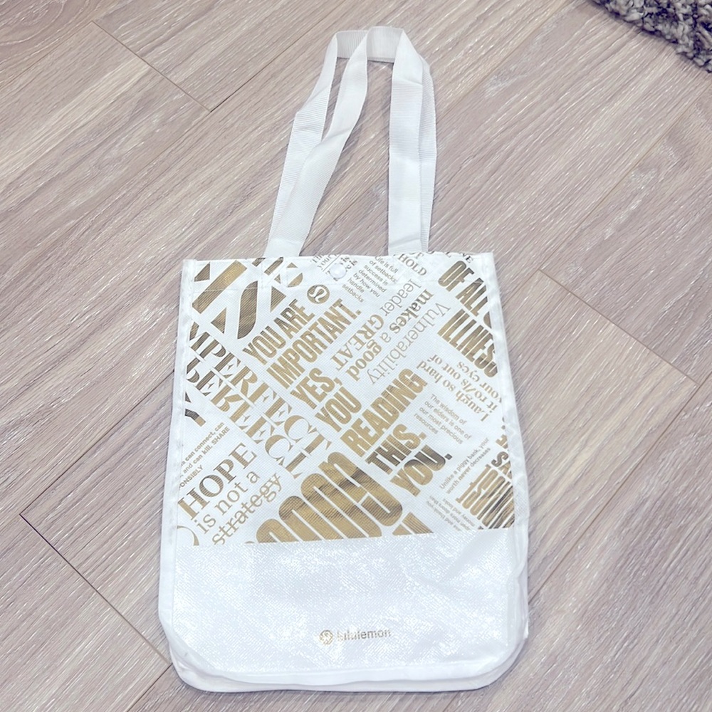 ✨ Lululemon White and Gold Small Shopping Bag Tote